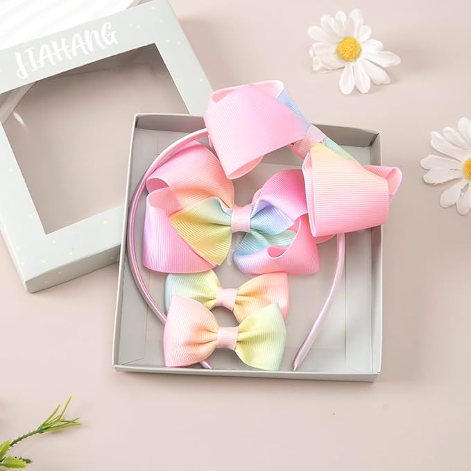 JIAHANG Baby Girls 4 Inch Grosgrain Ribbon Hair Bow Headband and Alligator Clips Set, Colorful Hair Bow Accessories for Children Toddler School Girls 4Pcs Gift Set (pink1)