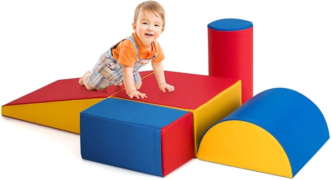 Costzon Crawl and Climb Play Set, Colorful 5 Piece Lightweight Foam Shape for Climbing, Crawling & Sliding, Safe Soft Block for Preschoolers, Baby, Kids (Ruby Red)