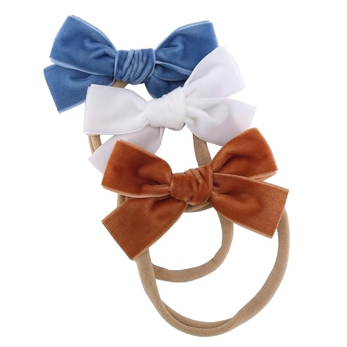 Sugarmelon Velvet Bow Soft Stretchy Headbands for Newborn Infant Toddlers Hair Bow Elastic Bands Baby Girls Nylon Hairband (3.2'' Ambrosia 24 PCS)
