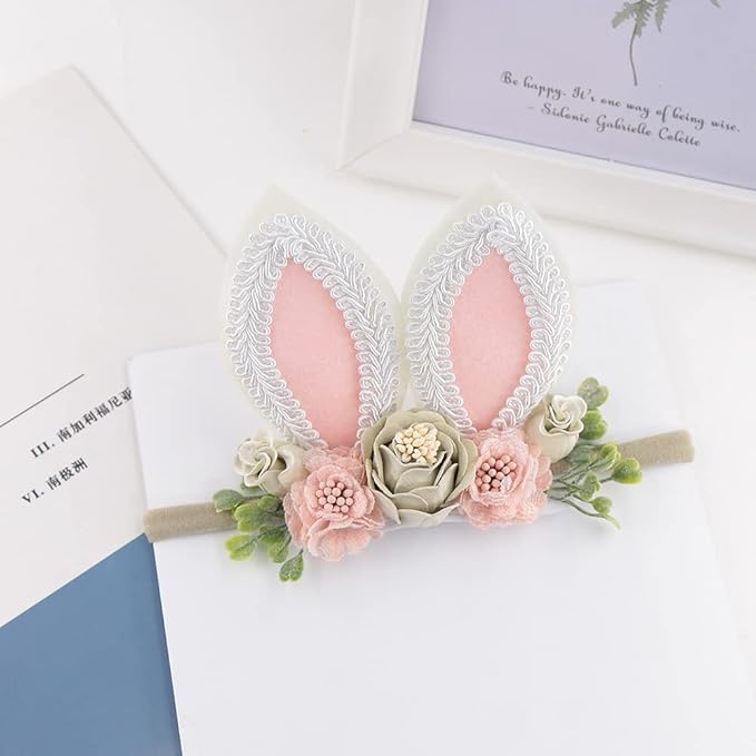 KIDOCHEESE Bunny Rose Ears Easter Headbands Baby Girls Flower Crown Spring Headbands (C)