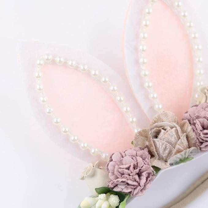KIDOCHEESE Bunny Headband Bunny Rose Ears Easter Elastic Hairband Baby Girls Flower Crown Spring Floral Headbands (E)