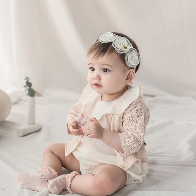 Baby Girl Headband White Lace Hairband Elastics Flower Head Wrap Hair Accessories Gift for Newborn Infant Toddlers Kids Baptism Shower Gift Birthday Wedding Party (Style 7)