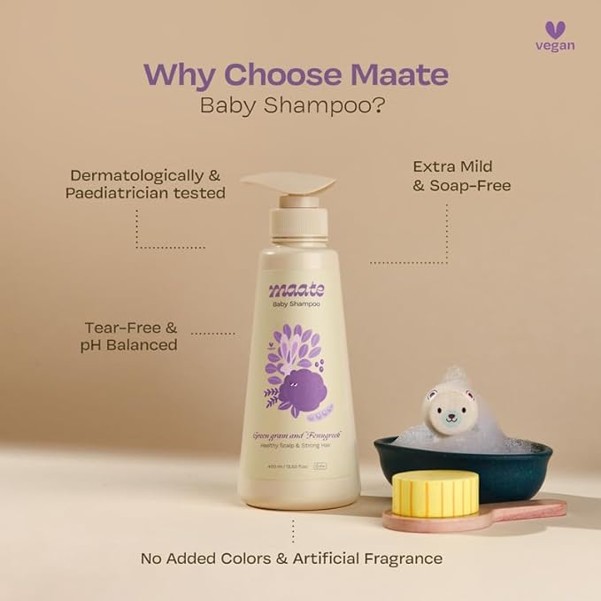 MAATE Baby Shampoo (400 ml) | Deep Cleanses, Nourishes Scalp & Hair | With Ayurvedic Herbs like Shikakai & Amla | Baby Shampoo For Kids 0-12 Years | Baby Hair Shampoo | Tear Free & Chemical Free