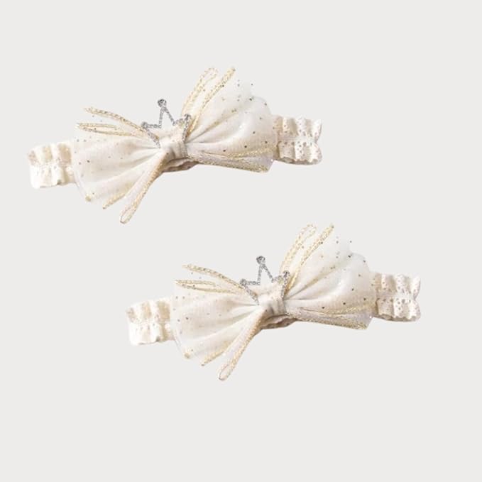 Baby Girls Hairband White Bow Lace Headbands Handmade Soft Stretchy Bowknot Hairbands Newborn Headband with Bows Pearls Elastic Head Band for Newborn Infant(Beige Crown Bow)