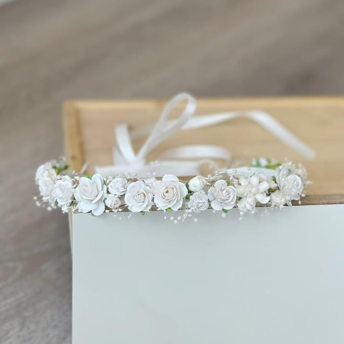 White Flower Girl Crown with Baby's Breath Headpiece Young Girl Communion Floral Hair Wreath Rustic Wedding Hair Accessories Headband for Child(43cm length)