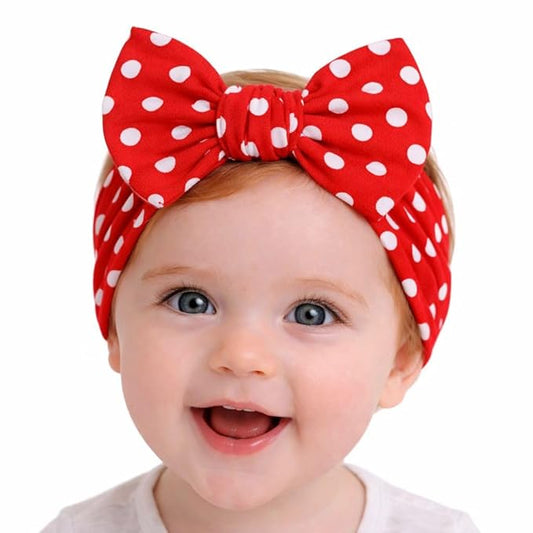 Baby Girl Headbands 0–6 Months – Newborn Infant Soft Cotton Handmade Bow Headband, Stretchy No Mark Baby Hair Accessories (Red with White Polka Dots, 0-6 Month)