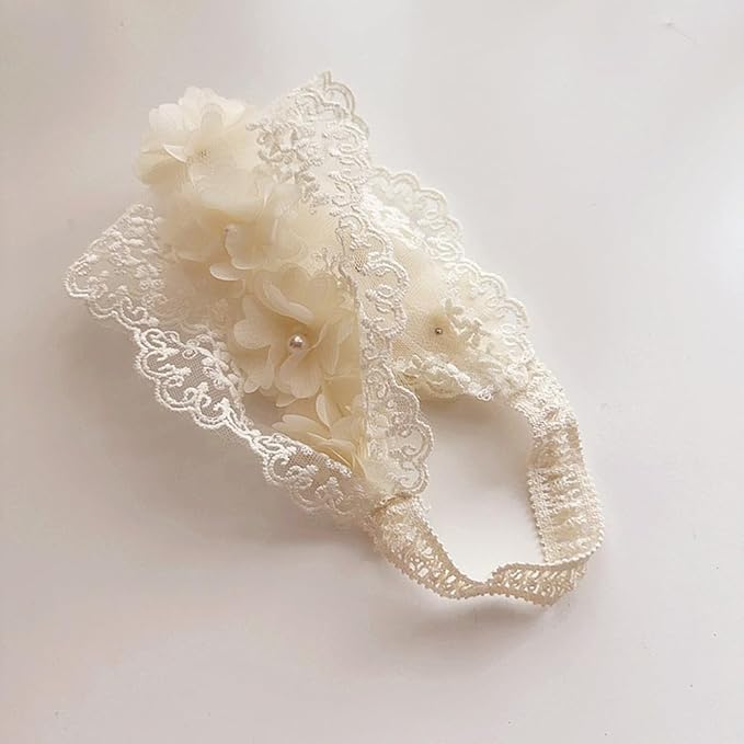 Baby Girls Headband Lacy Bow Pearl Wide Hair Band Turban for Infants Newborn Toddler Floral Ivory Elastic Head Wrap Breathable Sun Bonnet Hair Accessories (Ivory E)