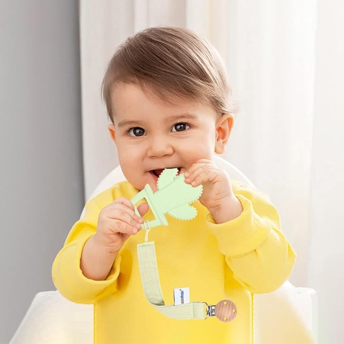 Baby Food Grade Silicone Teether Toy with Pacifier Clip Holder,Teething Pain Relief Toys Gift Set for 3 Months+ Boys and Girls,Freezer Safe,BPA Free (Cacuts)