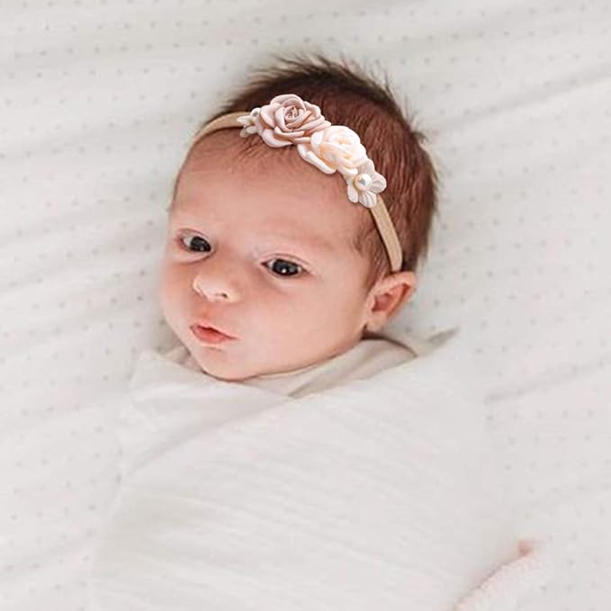 OOSAKU Baby Girl Flower Headbands Set Elastic Floral Headbands 6pcs Soft Nylon Hair Band for Newborn Toddler Hair Accessories