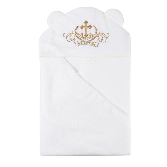 ESTAMICO Unisex Baby Plush Hooded Bath Towels with Embroidery Cross and Cute Ears Newborn Baptism Blanket for Infants, Toddlers & Kids