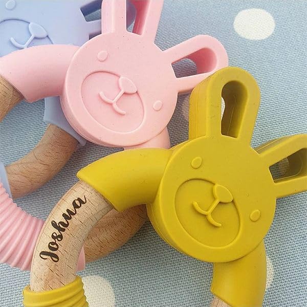 Personalized Engraved Bunny Silicone Teether For Baby, Custom Easter Bunny Wooden Silicone Bunny With Name Sensory Toy Wooden Ring Baby Shower Gifts Easter Gifts Christmas Gifts