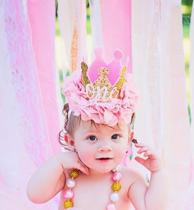 Nishine Gold Glitter Crown Headband Pink Flower Crown Tiara Hairband for Baby Birthday Party Supplies Photo Props (Chiffon&One)