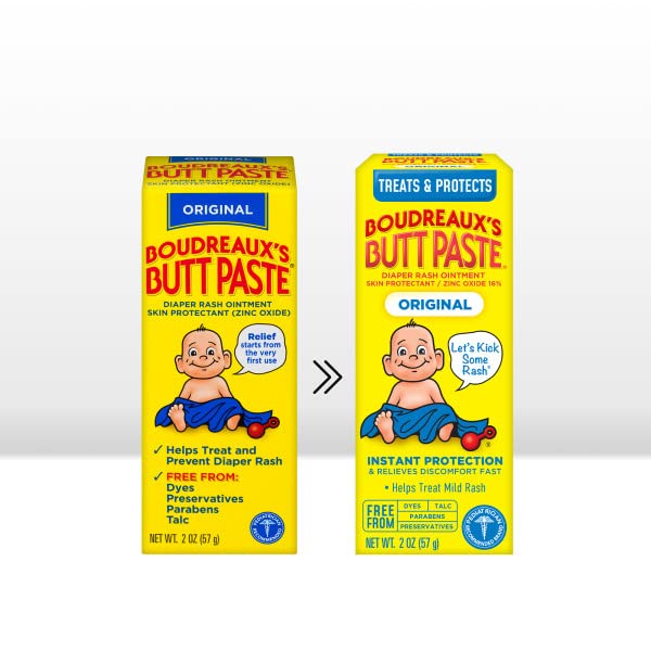 Boudreaux's Butt Paste Original Diaper Rash Cream, Ointment for Baby, 2 oz Tube (Pack of 2)