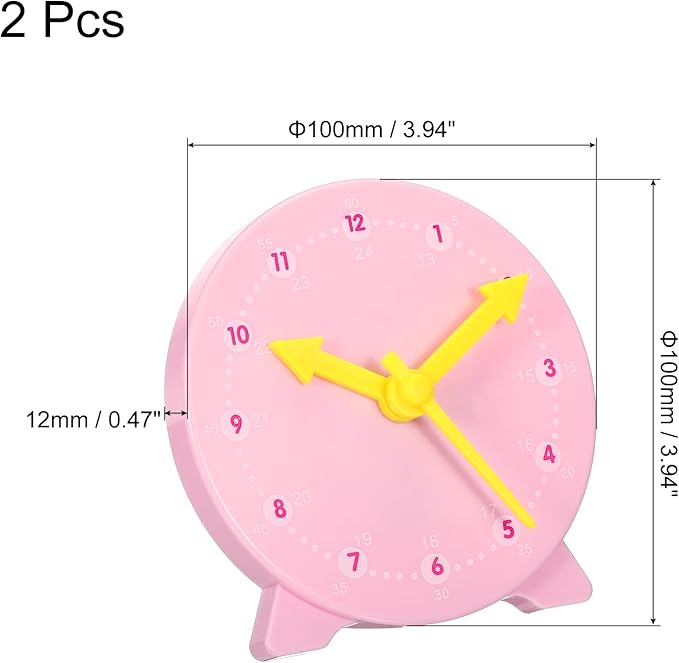 PATIKIL 4 inch Teaching Clock, 2 Pack Learn Clock Learning Tell Time Analog Clock Demonstration Clock 24 Hour 3 Pointers Geared Movement for Classroom Teacher, Pink