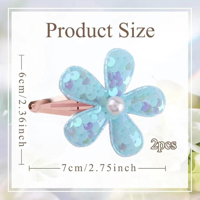 2Pcs Sequins Flower Hair Clips for Girls Cute Snap Hair Clips with Pearl Hair Barrettes Spring summer Hair Accessories Birthday Party Supplies (blue)