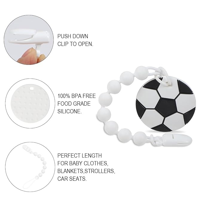 Baby Sports Ball Teething Toys,Food Grade Silicone Teether with One-piece Pacifier Clip Holder,Shower Gift,Teething Pain Relief for 3 Months+ Boy and Girl,BPA Free,Freezer Safe. (Soccer)