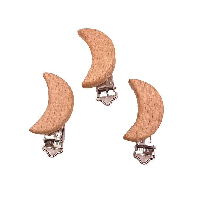 5pcs Natural Wood Suspender Pacifier Clips Cute Beech Wooden Animal Moon Shape Clips Charm DIY Beading Pacifier Chain Accessory