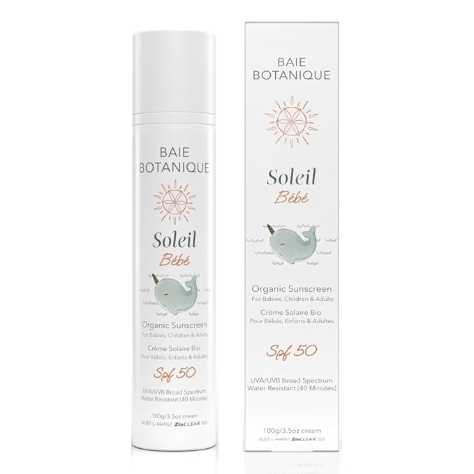 Baie Botanique Soleil Bébé - Organic Non-Toxic Mineral Baby Sunscreen SPF 50 - Sunflower & Jojoba - Unscented - Natural - Vegan - No White Cast - Reef Safe - UVA/UVB - 100g