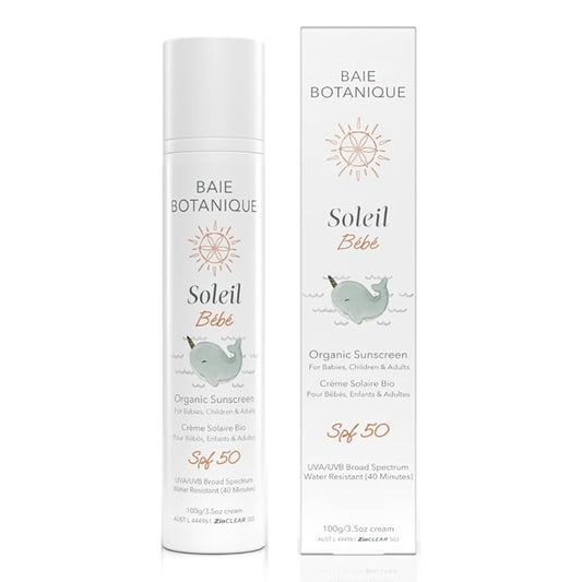 Baie Botanique Soleil Bébé - Organic Non-Toxic Mineral Baby Sunscreen SPF 50 - Sunflower & Jojoba - Unscented - Natural - Vegan - No White Cast - Reef Safe - UVA/UVB - 100g