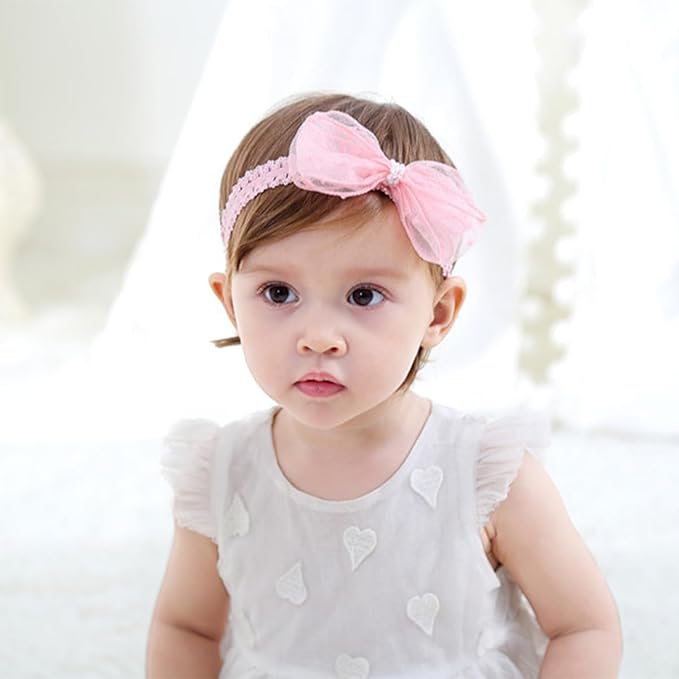 Baby Girl Bows Lace Headband Soft Cotton Tulle Hair Band Princess Infant Head Wrap Turban Ribbon Bow-knot Elastic Hair Accessory for Newborn Infant Toddler (Pink, Standard size)