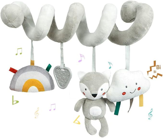 Baby Car Seat Toys, Infant Activity Spiral Plush Hanging Stroller Toys with Squeaker and teether for Car Seat Stroller Crib Bassinet (Grey Fox)