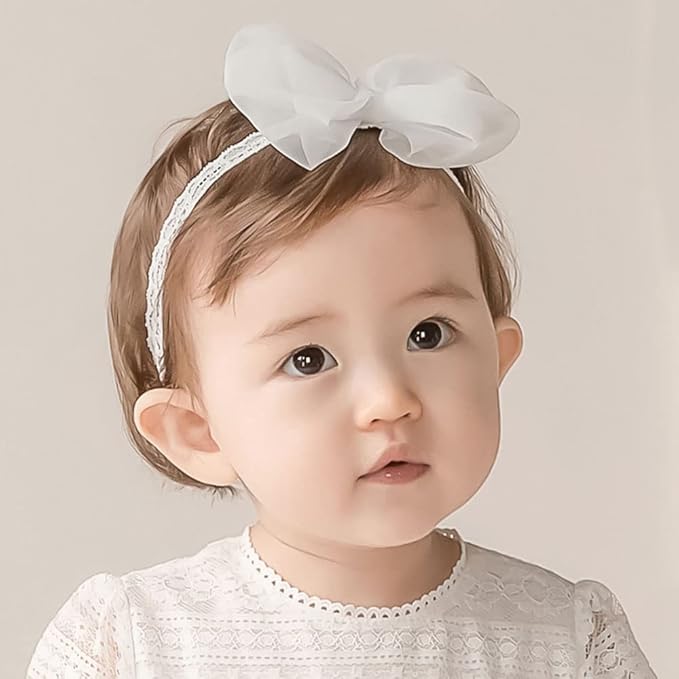 Baby Girls Lace Bow Headband Cute Chiffon Bow-Knot Toddler Hairband Elastic Soft Lace Infants Birthday Party Hair Accessories (White-2, One size)