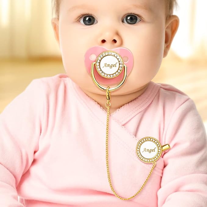 Personalized Pacifier and Pacifier Clip with Name,Bling Pacifier Clip Set with Multiple Patterns Glitter Crystal Luxurious Ideal Gift for Boy Girl Baby Shower Photography Newborns (Silver)