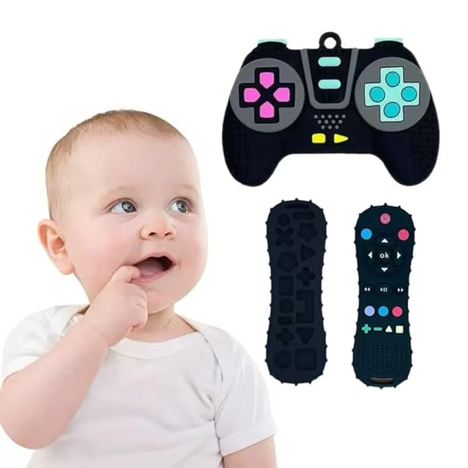 Silicone Teething Toys for Babies 3+ Months TV Remote Control Game Controller Design, Chew Toys for Teething Relief, Boys & Girls, Tummy Time Gift (Black（Remote Control + Joystick）)