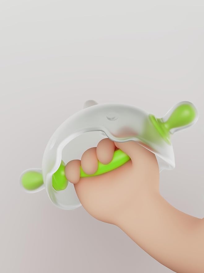 Baby Teething Toy for 0-6 Months – One-Piece Liquid Silicone Teether, Easy-Grip Dinosaur for Soothing Gums, No Glue No Gaps, Lint-Resistant, Dishwasher Safe with Travel Case(Olive White)