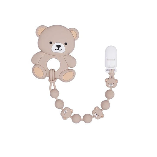 Cute Animal Baby Food Grade Silicone Teether Toy with One Piece Design Pacifier Clip Holder,Teething Pain Relief Toys Gift Set for 3 Months+ Boys and Girls,Freezer Safe,BPA Free (Bear)