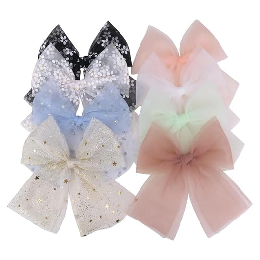 Sugarmelon Large Tulle Bow Hair Clips for Baby Girls Women Cottagecore Lightweight Gauze Bow Hair Barrettes Accessories, 8 Pack Large Sailor Bows