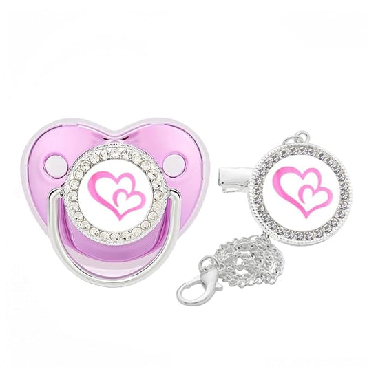 Bling Rhinestone Baby Pacifier BPA Free，Gift Box Package Newborn Silicone Pacifier with Metal Chain Clip (Metalic Purple Heart)