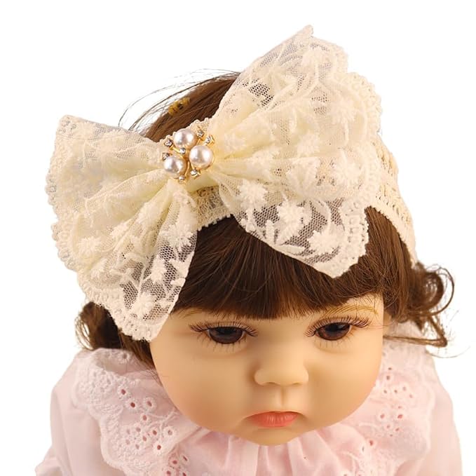 Lace Flower Bow-knot Baby Girls Headband Birthday Infant Wrap Elastic Baby Turban Hairband for Newborn Infant Toddler Kids (Ivory Pearl)