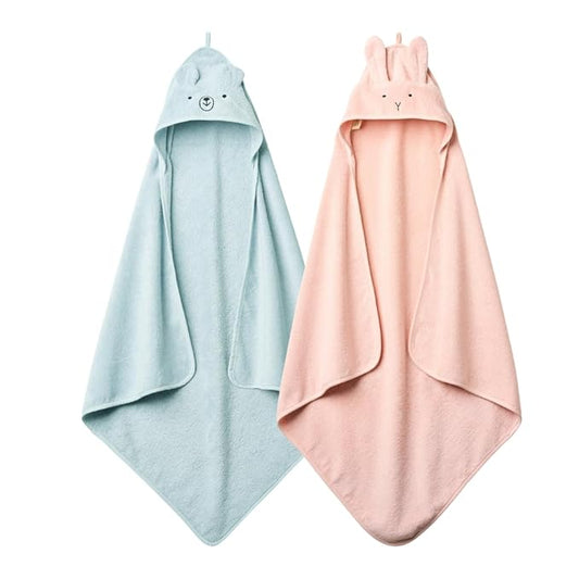Hooded Baby Towels - 100% Organic Cotton Baby Bath Towels, 32" x 32" Super-Soft and Absorbent Baby Towels for Newborn 2-Pack (Rabbit Blush/Bear Baby Blue)