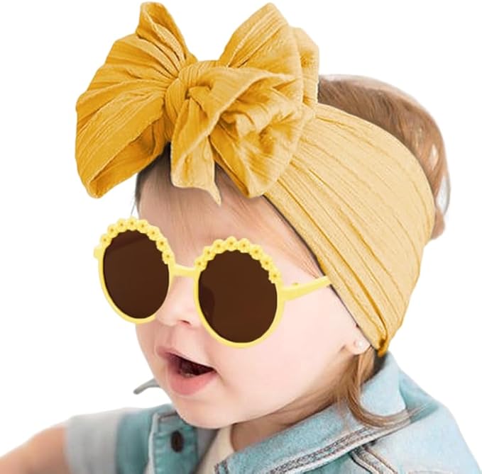 Baby Girls Soft Bows Headband and Daisy Flower Sunglasses Set Hair Bow Headwrap Hair Accessories for Toddler Infant