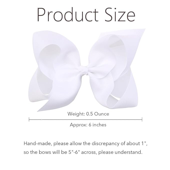 Oaoleer Big Hair Bows for Girls 12 PCS 6" White Grosgrain Ribbon Large Boutique Bow Alligator Clips Hair Accessories for Toddlers Little Girls Kids