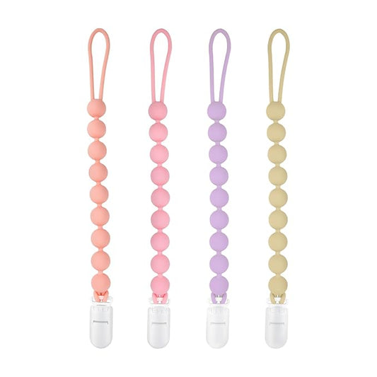 MINMUNJIU Silicone Pacifier Clip Holder, 4 Pack One Piece Soft Flexible Binky Clips Pacifier Holder Clip for Girls, Baby Girl Newborn Essentials