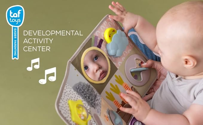 Taf Toys Newborns & Toddlers Busy Board with Music & Lights 13 Montessori Activities Baby Safe Mirror, 3D Activities, Textures & a Baby Teether Develops Motor Skills, Senses & Eye Hand Coordination