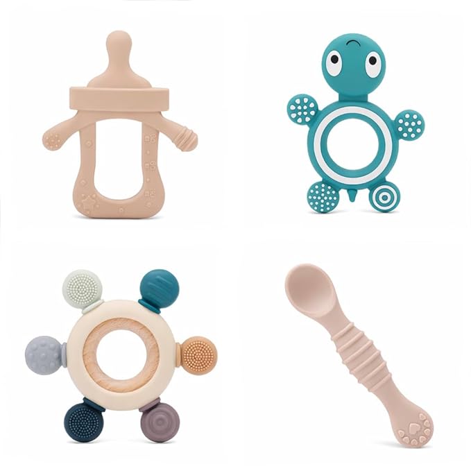 Baby Silicone Teething Ring Teether Gift Set for Boys and Girls Over 3 Months Soothes Gums Fits Small Hands Ergonomic Design Set of 4 Toys Ideal Gift Box BPA Free