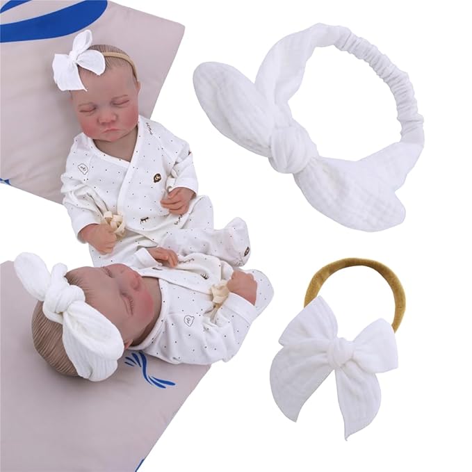 Sugarmelon Original Cotton Gauze Headband for Newborn Toddler Infant Baby Girl Kids Muslin Cotton Hair Bow Headbands Turban Elastic Hair Bands (2 pcs 029 White)
