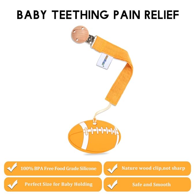 Baby Food Grade Silicone Sports Shape Teether Toy with Pacifier Clip Holder,Teething Pain Relief Toys Gift Set for 3 Months+ Boys and Girls,Freezer Safe,BPA Free (American Football)