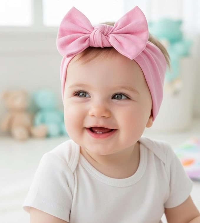 Baby Girl Headbands 0–6 Months – Newborn Infant Soft Cotton Handmade Bow Headband, Stretchy No Mark Baby Hair Accessories (Pink, 0-6 Month)