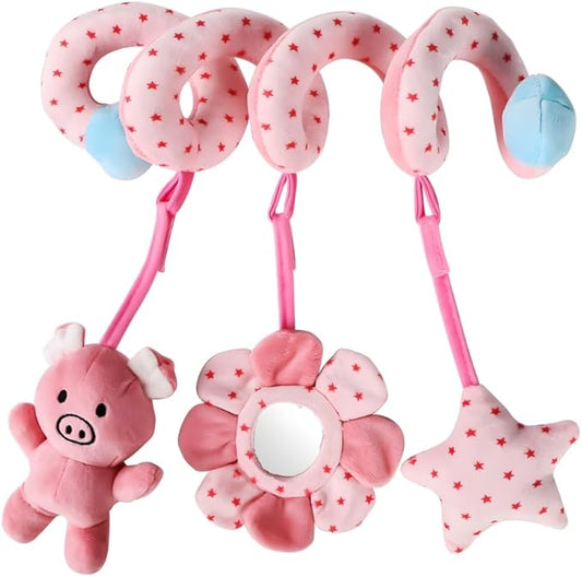 Baby Car Seat Toys, Infant Activity Spiral Plush Toys Hanging Stroller Toys for Baby Girl and Boy with Distorting Mirror (Pink Pig)