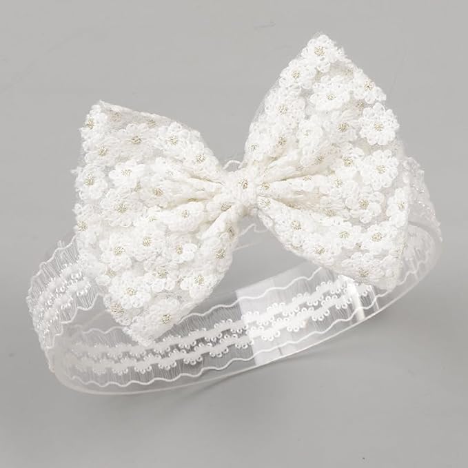 Baby Girls Bow Lace Headband Cute Soft Hairband White Butterfly Knot Headbands for Newborn Infants Toddlers Kids Christening Baptism Birthday Party Hair Accessories（White flower bow）