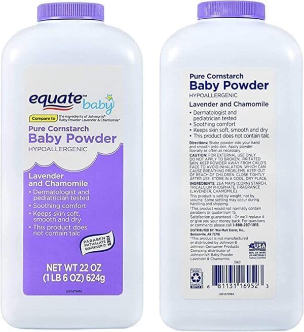 Equate Pure Cornstarch Baby Powder with Lavender and Chamomile 22 oz, 2-Pack