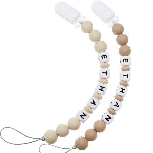 Personalized Pacifier Clip with Name, Customizable Pacifier Clip (2 Pack) (Khaki + Oatmeal)