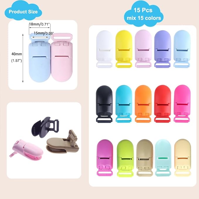 15Pcs Pacifier Clip Holder Plastic Baby Binky Clips for DIY Dummy Teether -Keep Pacifiers and Mittens Secure with Paci Clip Mix 15 Colors