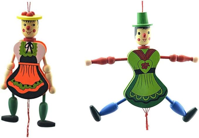 Pull String Puppet Toy 4 Pieces, Creative Puppet Toy Funny Wooden Toy Ornament Hanging Children Birthdays Gift