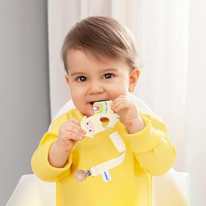 Baby Food Grade Silicone Teether Toy with Pacifier Clip Holder,Teething Pain Relief Toys Gift Set for 3 Months+ Boys and Girls,Freezer Safe,BPA Free (Yellow Llama)
