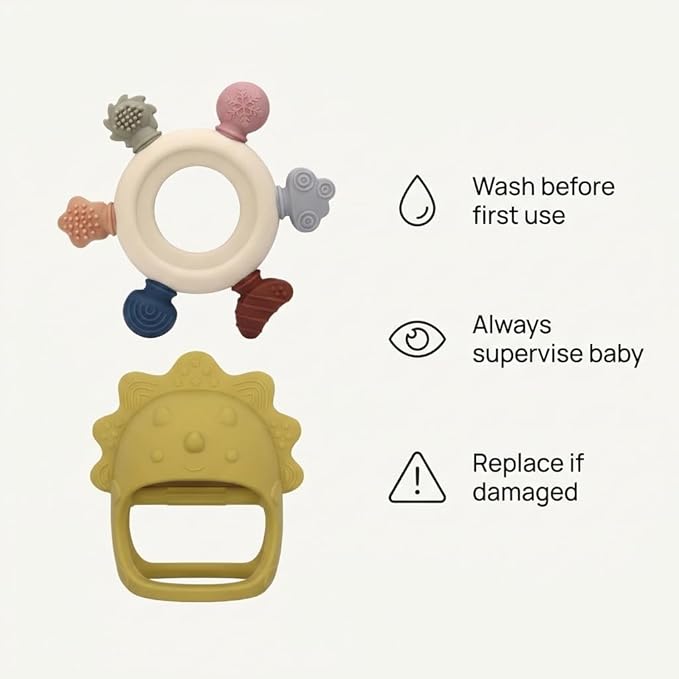 Baby Teething Toys 2 Pack, Dinosaur Mitten Teether and Ring Sun Teether with 6 Chewing Points, Silicone Chew Toys for Infants 0-6 6-12 Months, BPA Free Soothing Gum Relief Set (Yellow)